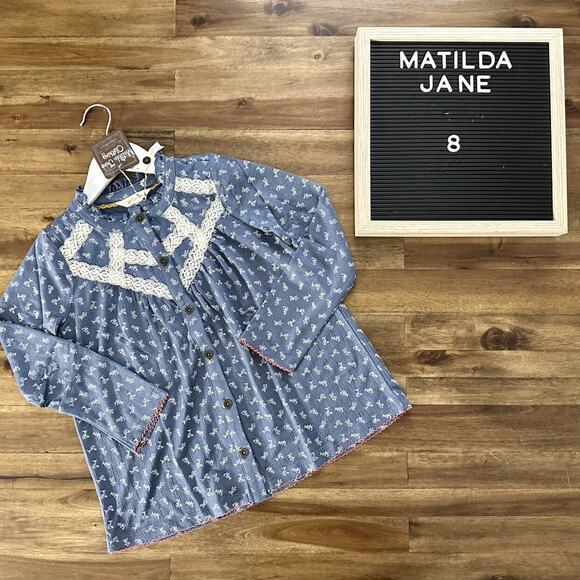 NWT Matilda Jane Just Imagine Jemma Blue Floral Lace Button Down Long Sleeve Top - Picture 1 of 7